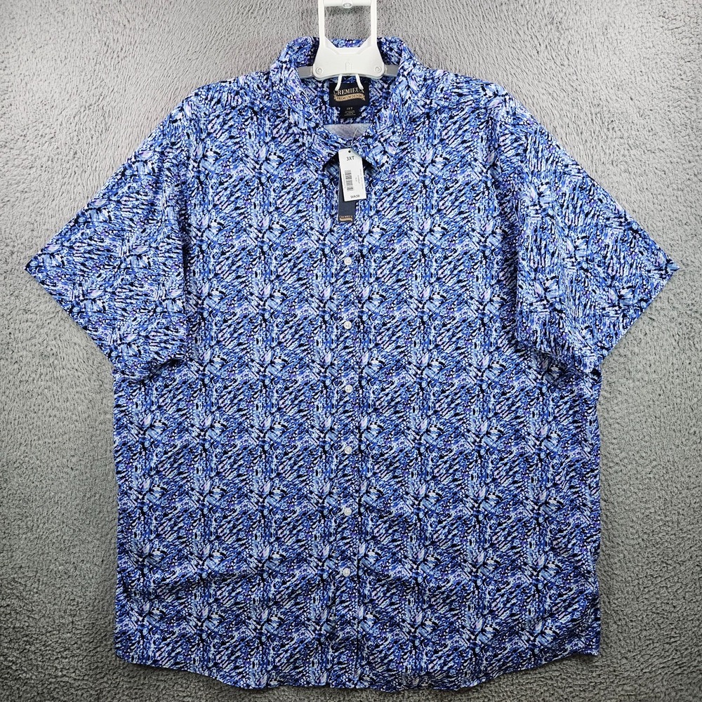 NEW Cremieux Casual Shirt Men 3XT Stretch Abstract Short Sleeve Nylon White Blue